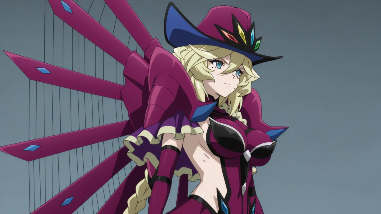 best quality, masterpiece, highres, solo, {carol_malus_dienheim_senkizesshousymphogear:1.15}, blonde_hair, blue_eyes, short_hair, mole, mole_under_eye, hair_between_eyes, upper_body, closed_mouth, shiny_hair, anime_coloring, shiny, 1girl, hat, looking_at_viewer, witch_hat, parted_lips