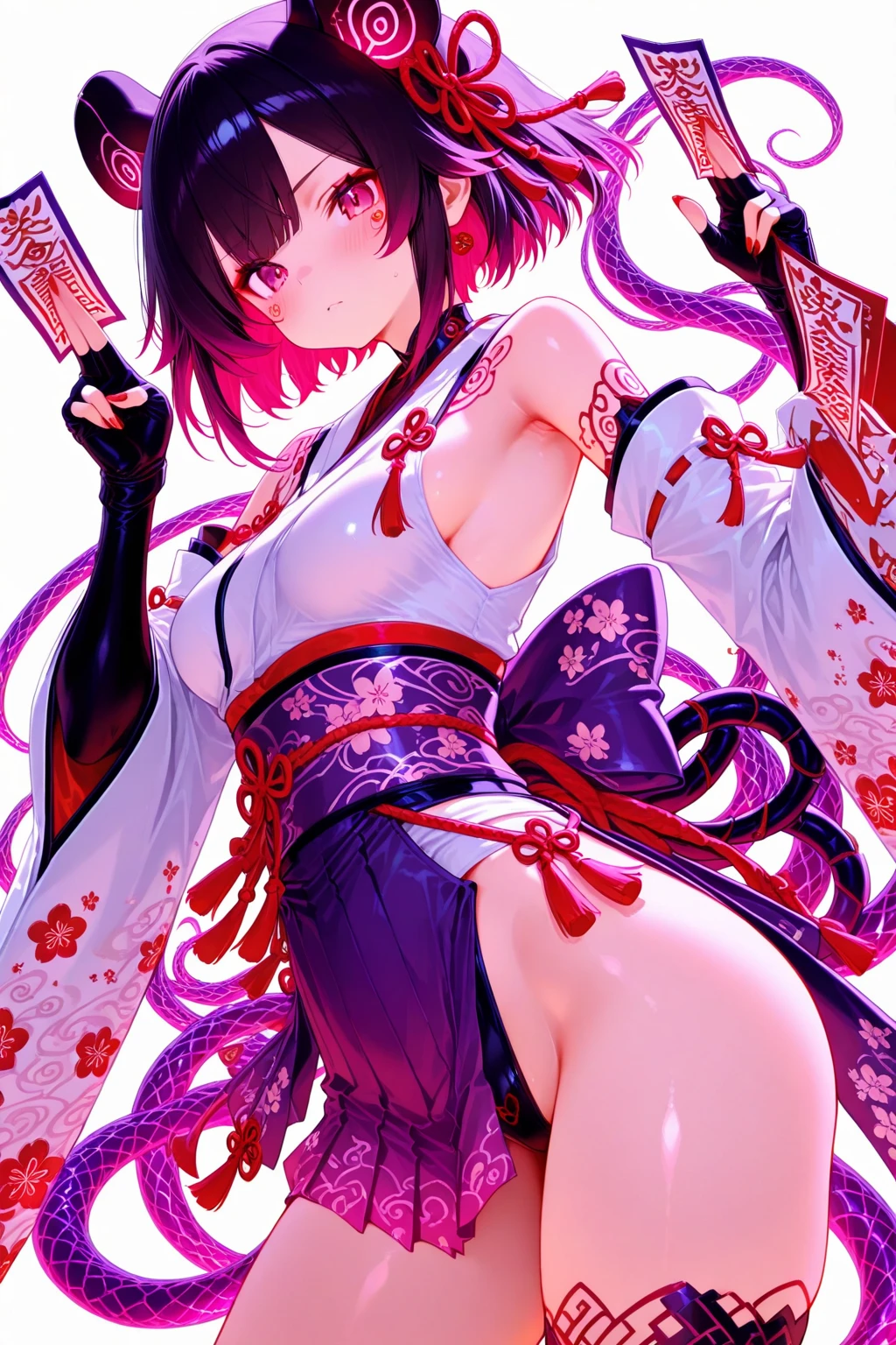 Woman sitting with her back turned,Large Japanese style tattoo on the back,Fluttering back,Take off your clothes,force,cool,Gray background