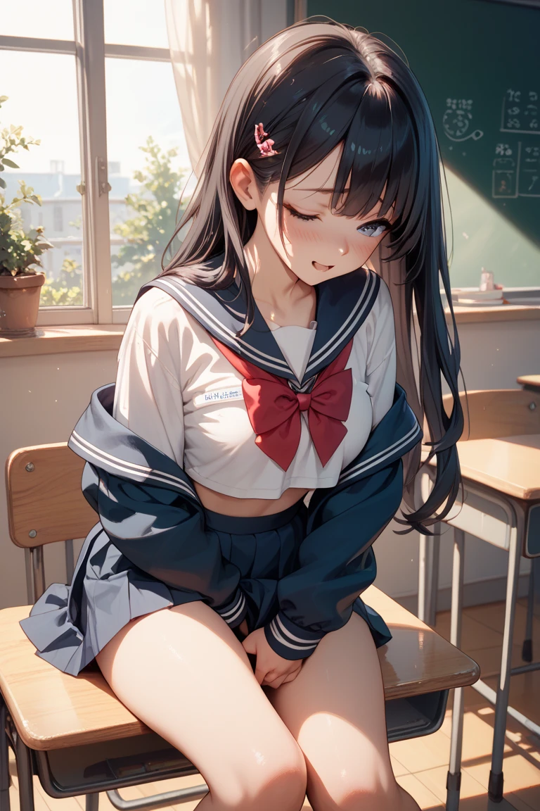 summer、thick、Sweat、、high school girl、Low length、(((((Eyes hidden by long bangs)))))、(((Long black hair:1.2　hair band)))(((Black-rimmed glasses:1.2　black eye)))、Strong sunlight、thicksummerの昼間、Dazzling sunlight、Look at this、glamorous、Checked mini skirt、Navy knit vest、sneakers、Skirt flip、Showing sexy panties、Flip up your skirt with both hands、indoor, classroom, School desk, window, School Chair, curtain, Natural Fingers、誰もいないclassroom、classroomの机に座り、Spread your leg-shaped legs、Open up、Opening her pussy with both hands、Embarrassed、Thin pubic hair、Plump