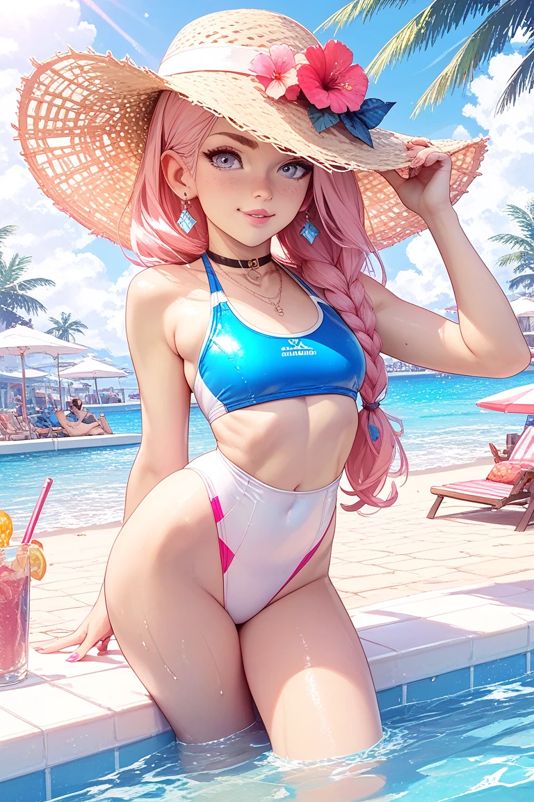 Raw photo, masterpiece, top quality, (detailed face and eyes++:1.2), (1 girl), (NFV), very revealing little thong bikini, (lift shirts), (bikini lift), strip, subtle freckles, blush, happy, beach, Jeremy Lipking, (Greg Rutkowski:0.8), (multicolored hair:1.3), (french braid, tail), Blue eyes, Cute, (16 years), (dense body:1.1), beautiful realistic large erect soft pink nipples, navel, camel's foot, shiny skin, divine rays, sunset lighting, bright, Colorful, good lighting, small head, damp skin and hair