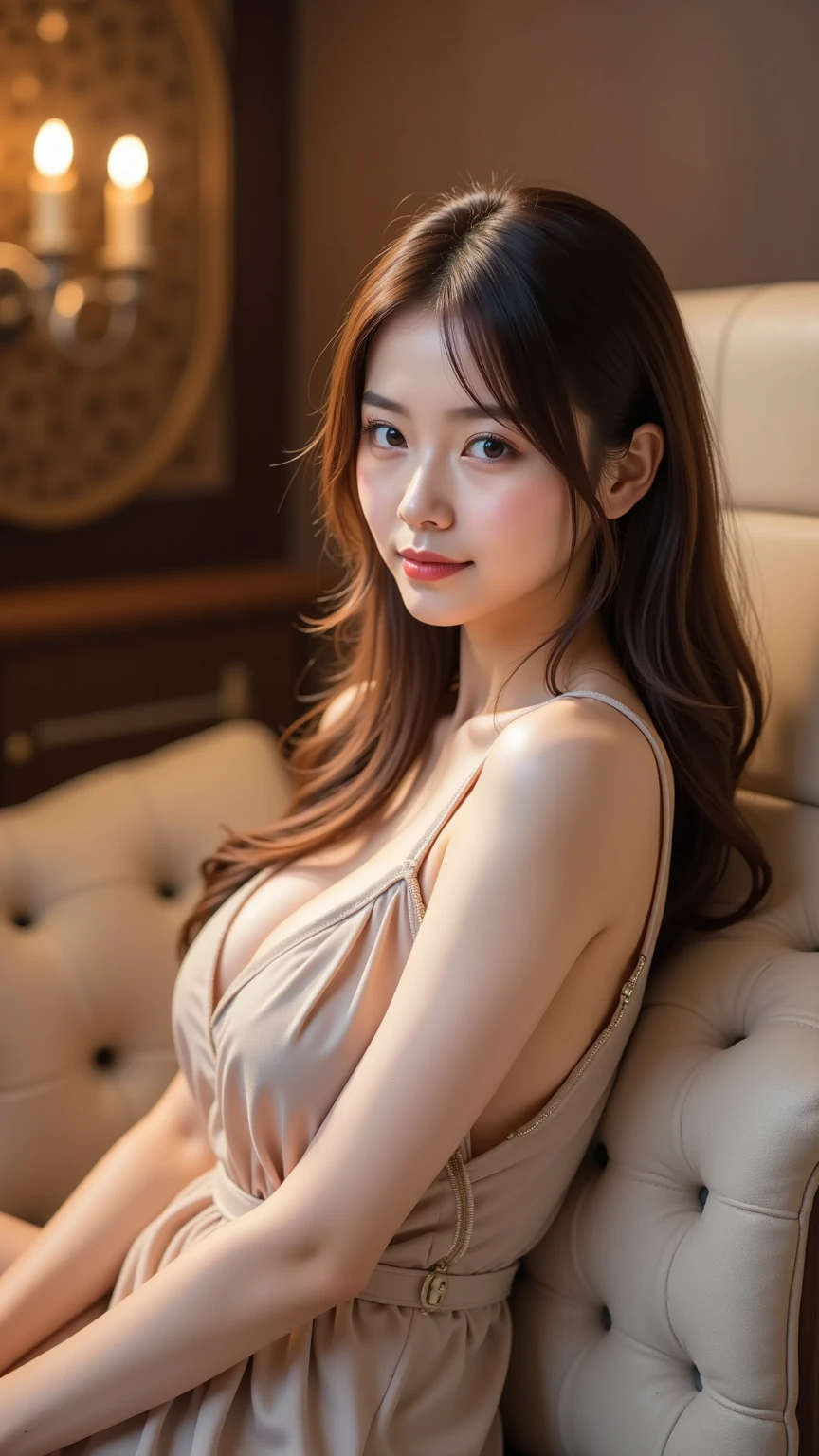 best qualtiy，tmasterpiece，超A high resolution，（真实感：1.4），RAW photogr，Loose perm hair、dark brown hair、smil、professional photograpy、Same skin type as humans、Female proofreading of Japan from head to foot、Blur the background、Draws faithfully to anatomy、Very detailed and beautiful、Ultra-high image quality、Hair swaying and sexy、Very detailed beautiful girl、the pose、Semi-long hair、a necklace、