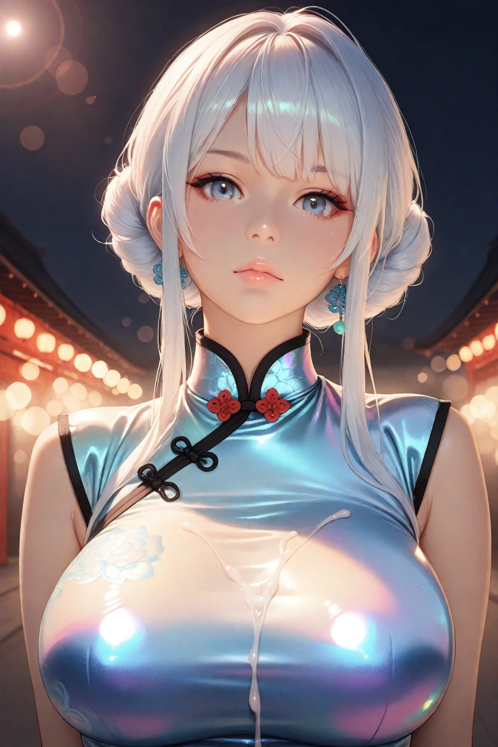 (flowy haircut) , ((Bob haircut with over the shoulder and side swept brow length bangs)) , (((silver blue hair))), ((thousands optical light dots bokeh background)), (center spotlight behind girl), ((back lit hair)) ,solo girl, ultra detailed, young Japanese woman , beautiful face, (((undressed sleeveless beautiful decorated cheongsam dress and lace trim))), ((hair flowing beautifully in the wind)) , perfect smooth legs, ((short light pink finger nails)), (perfect eyes) , (firm large sized breasts) , ((correct anatomy)) , tony taka art style , ((cinematic depth of field)), (((bokeh particles))) , (cute smile with kissing mouth), (ultra wide angle fov), hand grabbing breast, (((leaning forwards))) , girly finger posing, center chest cleavage, perfect curved body