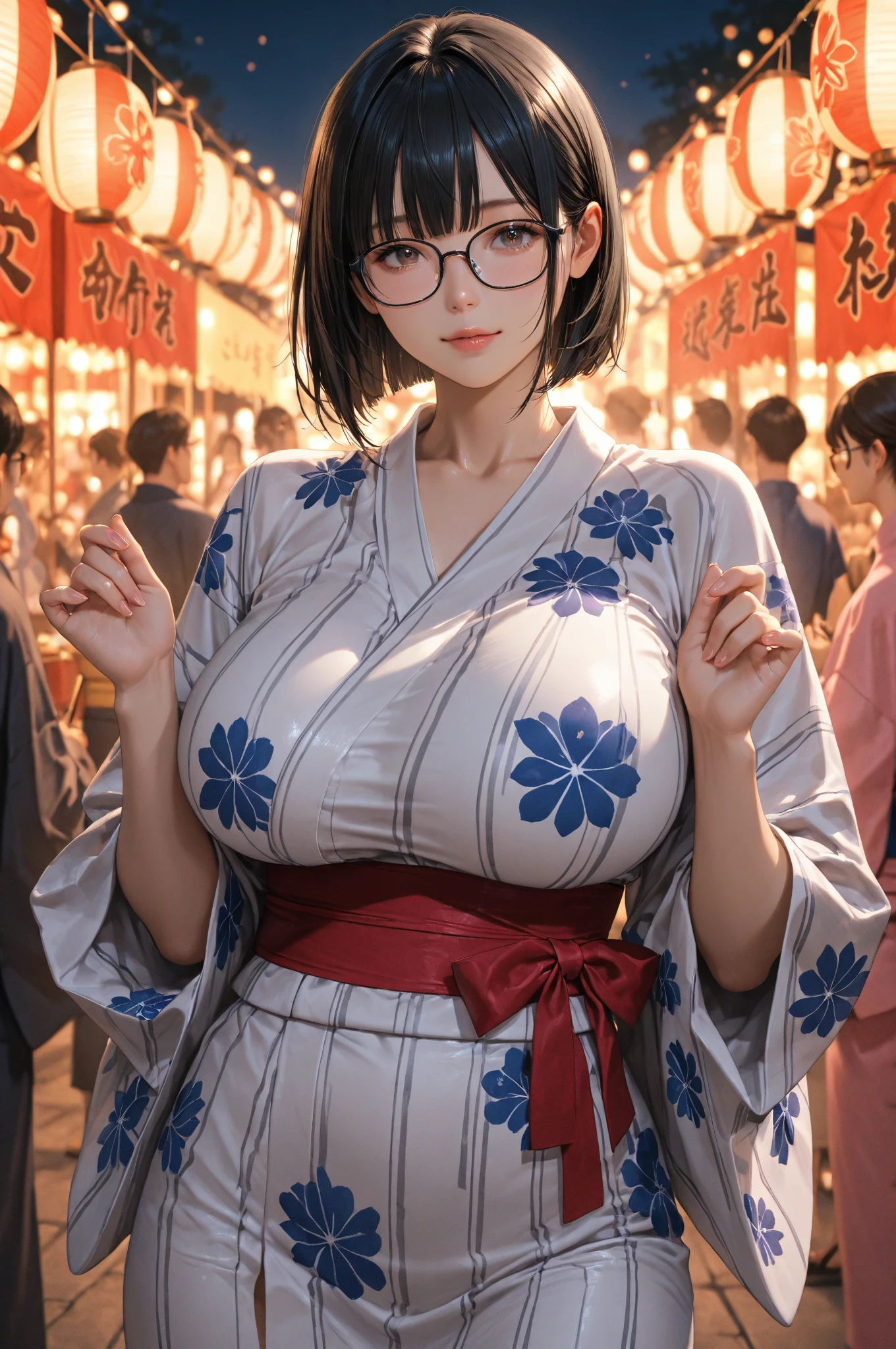 realisticlying、Full body contact looking up from below the ground、My thighs are getting a little thicker too、25 year old girl with accentuated thighs、Glasses and purple yukata、Enlargement of breasts and emphasis on cleavage、Versatile sexy poses、Face smile、japanese rural town、Emphasis on chest contour shading