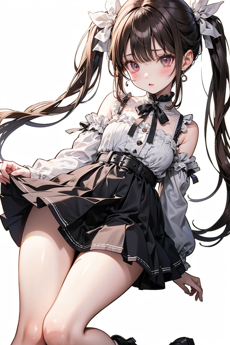 (Teen girl (Girl but a little grown up) (bust c) (fair skin)) (medium hair (brown hair) (twin tail) (black ribbon)) (white china dress (perfect for skin) (both sides are perfect) Tied with a black string) (No sleeves) (Knee length) (Show cleavage) (You can see side and side milk)) (White China shoes (shogun-length shoes) (black flowers)
