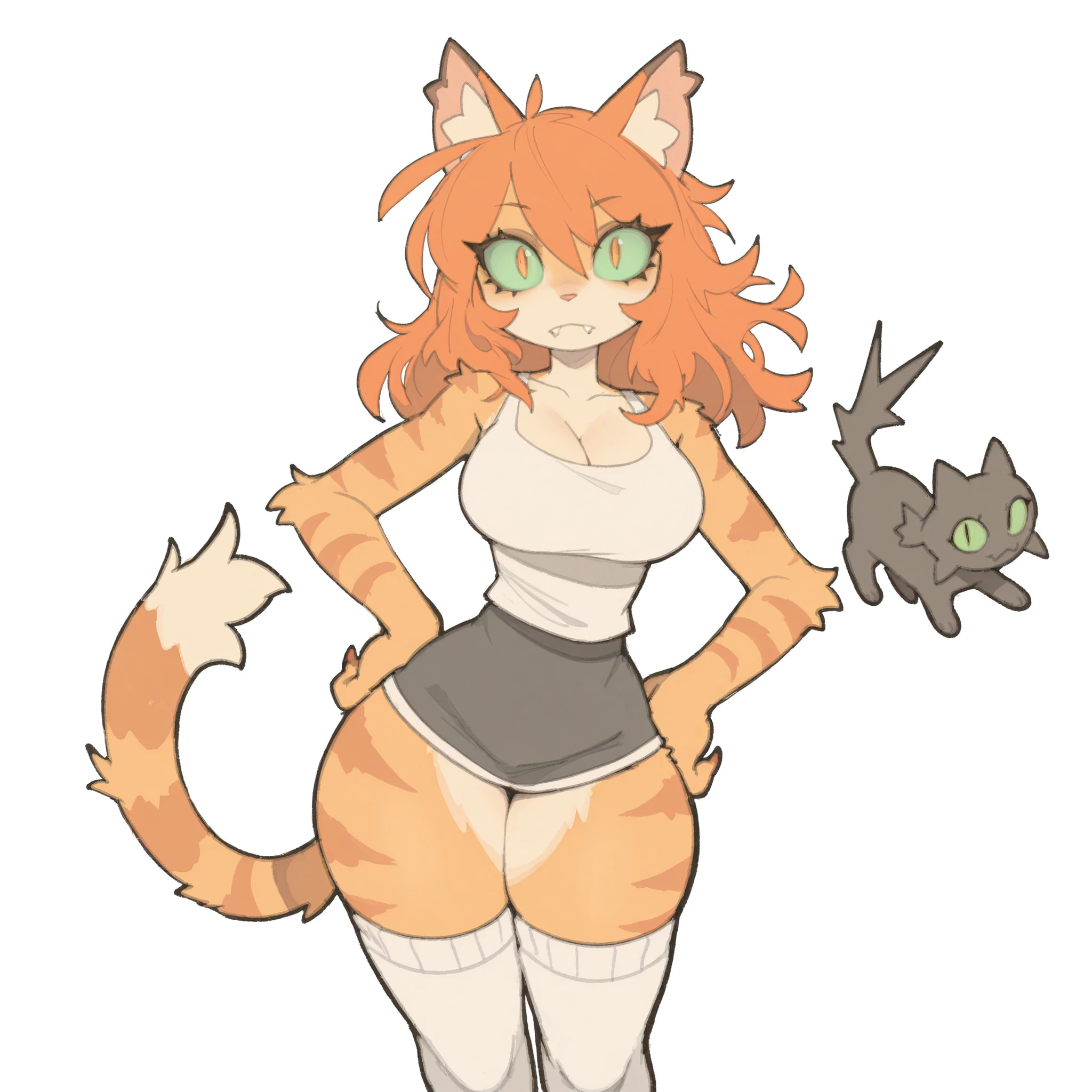 masterpiece, ultra-HD, impressionism, high detail, best quality, very aesthetic, 8k, best quality, beautiful, tmchng, 1girl, solo, anthro furry, cat, tabby fur, long messy orange hair, green sclera, slit pupils, eyelashes, almond-shaped eyes, cat ears, cat tail, sharp fangs, bags under eyes, big breasts, wide hips, narrow waist, thick thighs, slim, white tank top, cleavage, black dolphin short, white thigh high socks, expressionless, cute, hand on hips, standing, looking at the viewer, simple background, front view