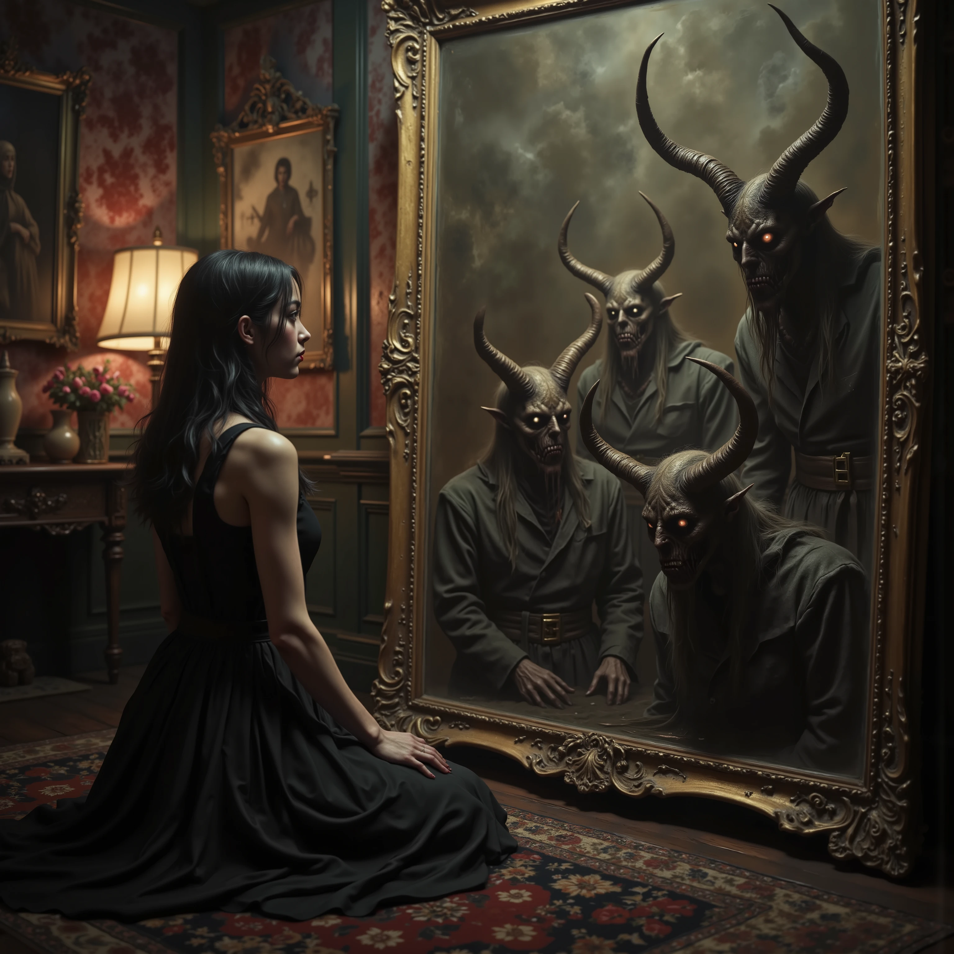A beautiful young woman kneels in front of a large antique mirror, the mirror reflecting demons in a different dimension. They come through the glass of the mirror when welcomed by the woman, realistic portrait, detailed facial features, demons mive through the mirror, kneeling pose, large antique mirror, dark and unsettling reflection in mirror, chiaroscuro lighting, cinematic atmosphere, mysterious, gothic, 8k, high resolution, photorealistic, intricate details, dramatic colors, moody tones, macabre, gothic beauty, nightmarish imagery, otherworldly, startling presence, icon style, intricate details, sharp focus, physically-based rendering, professional movie quality imagery, professional masterpiece w