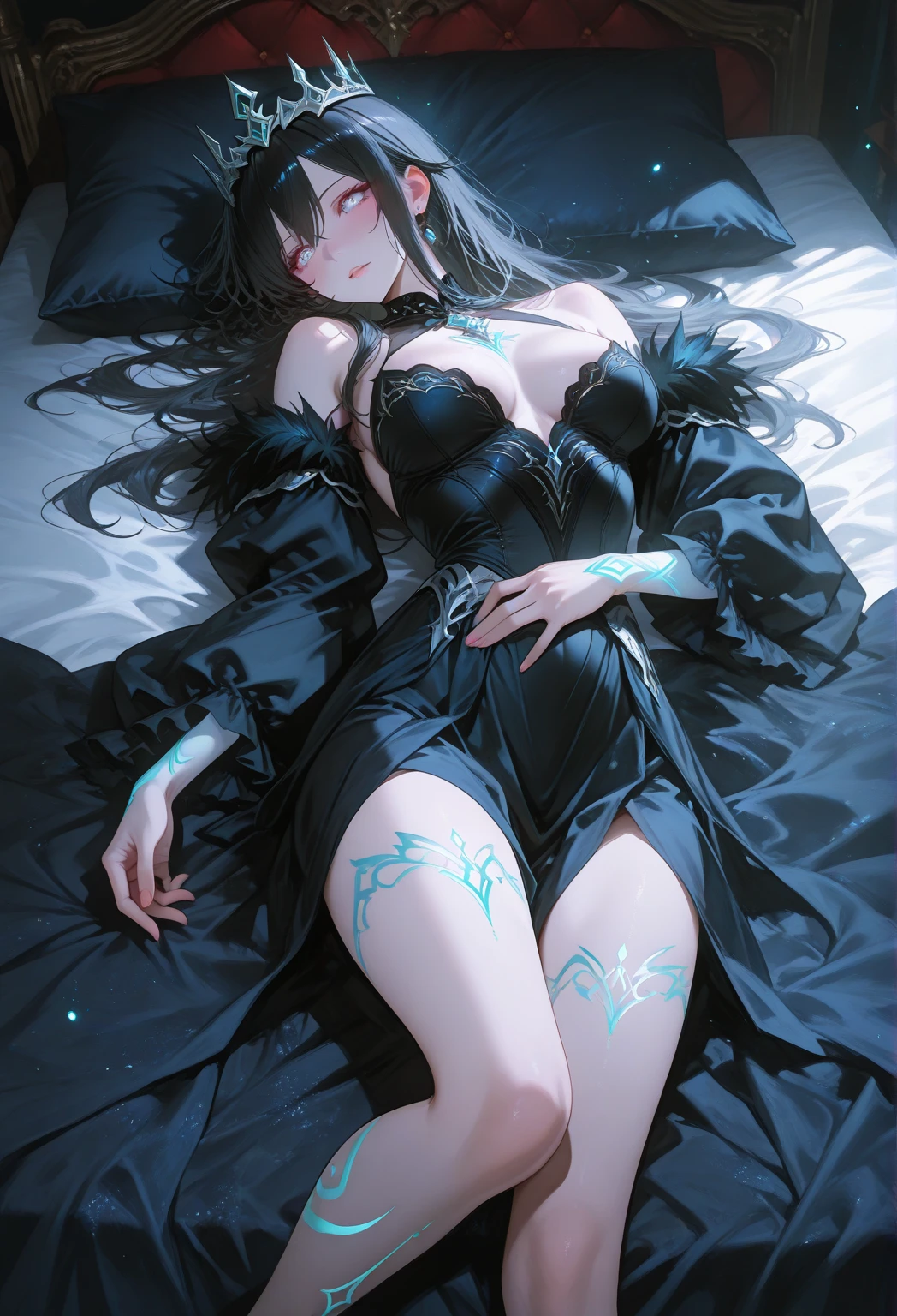 Lots of blue butterflies、Background Black、Line art、Neon LightThe overall look is dark,Blue glow, Glowing Blue, Glowing Details!, Glowing Aesthetics, Shining with Magical Light, White Glowing Veins, Glowing Details, Shimmering with Colorful Lights, Bioluminescent Skin!, with Glowing Blue lights, anime characters; full body art, Glow effect, Luminous veins, Blue light. fantasy, A cartoon girl in a glowing outfit sits on the ground. The neon on her body is the light source.