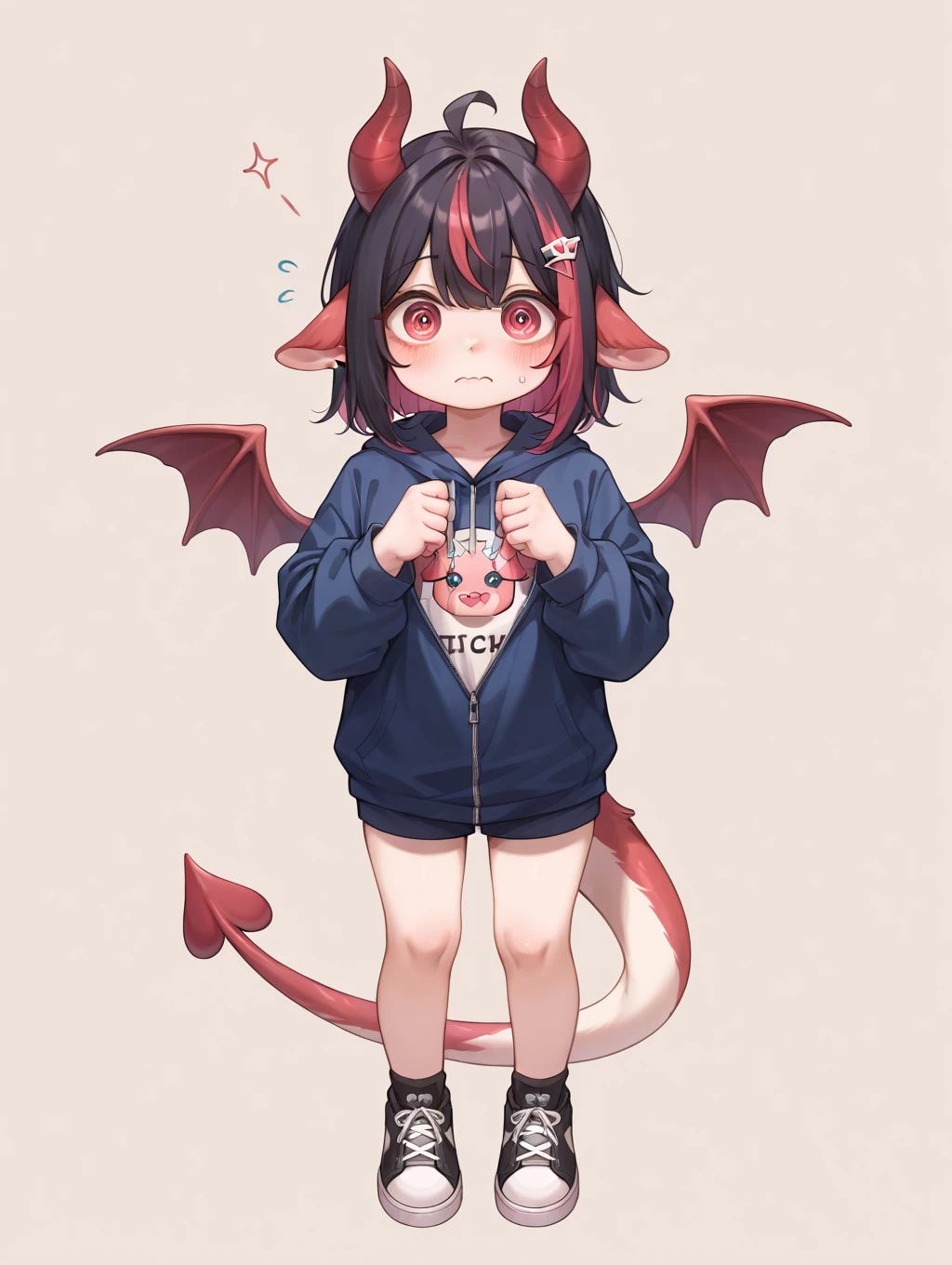 (Chibi:1.2), full bodyesbian、Kigurumi,succubus、succubusの着ぐるみ、a smile、Devil's Wings、Horns、watercolor paiting, Standing, Sunlight, (work:1.2)、heart、teak、Flying in the sky、Floating in the air、