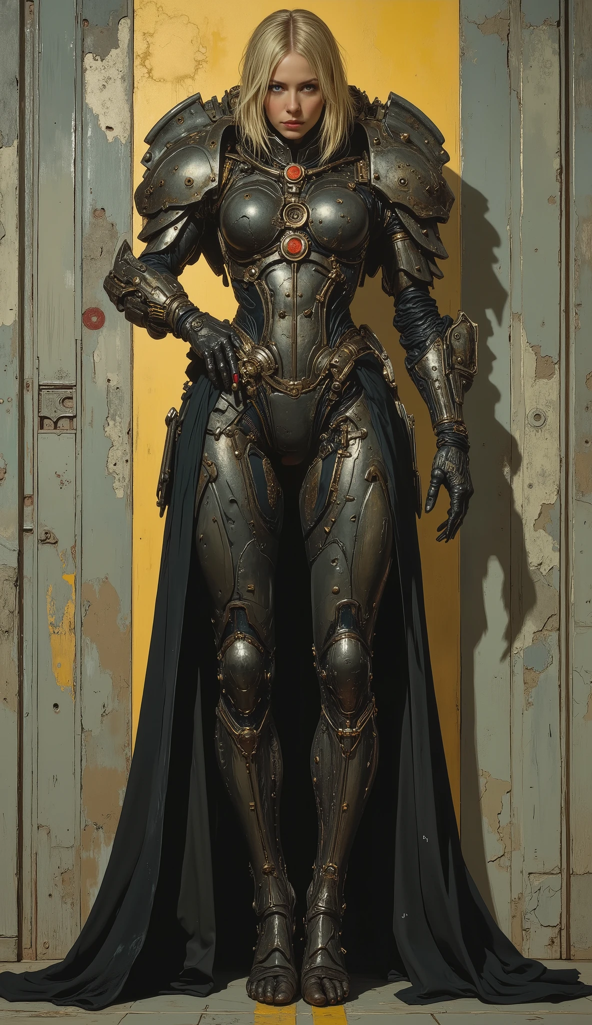 Realistic full body shot , from head to toe , pretty european blonde female, dark cyberpank , Science Fiction, Mechanized precision, Large canvas painting , Rough Surfaces , Fine Details , photorealism