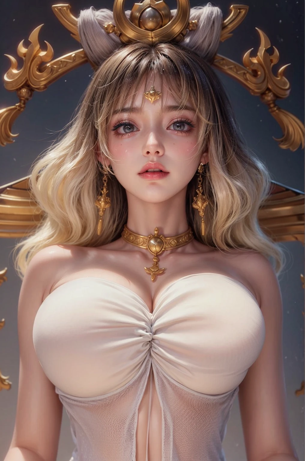 head shot, close up, portrait, best quality, anime girl, pasties, frilly, delicate baby face, skinny body, big breast, Russian fairy, cinematic lighting, particles, bokeh, Tyndall effect, smooth detailed skin, closed eyes, :o, fairy wings, dreamlike, BREAK look another, dutch angle