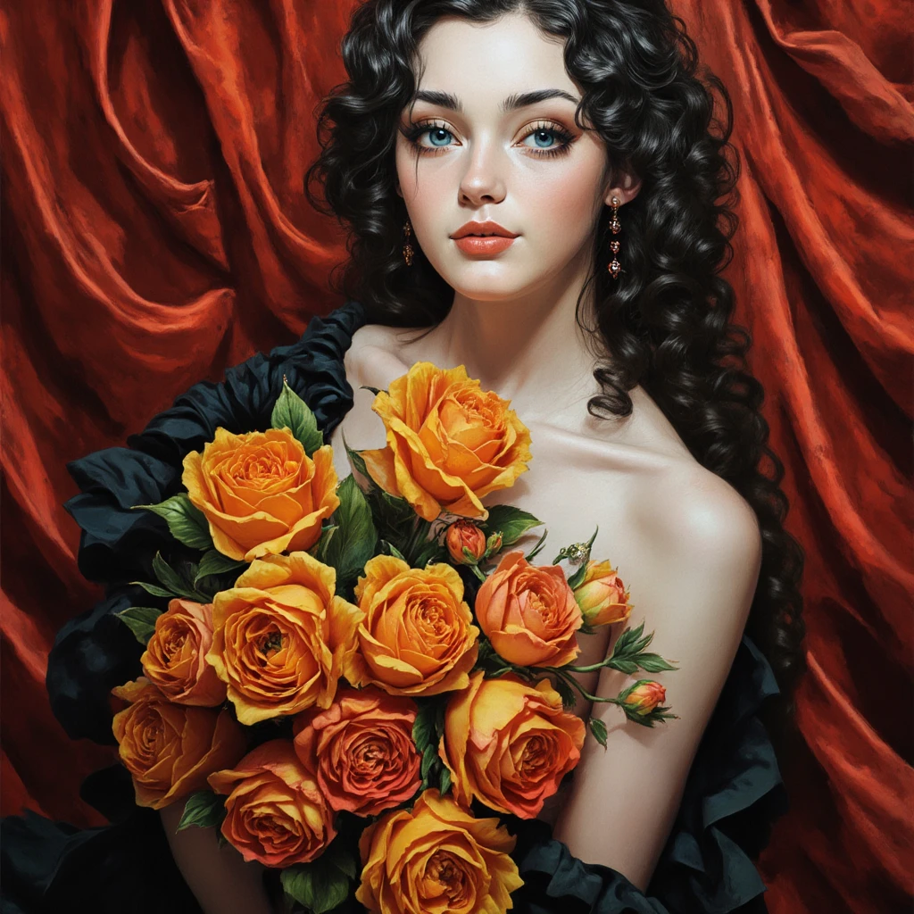Dark Queen, in black suit dress, dark roses, Luxurious