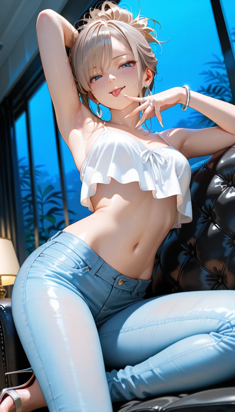 realistic, 1girl, full body, short hair, cat ear, glowing blue eyes, thin shirt with only one button, sexy skirt jeans, upside down lying, hands tied into a back hair, parted lips, big breast, blush, standing, midnight, hyper-detailed, high quality, 8k, photorealistic, professional digital painting, dramatic lighting, vibrant colors, intricate details, serene atmosphere, natural environment, ethereal, dreamy
