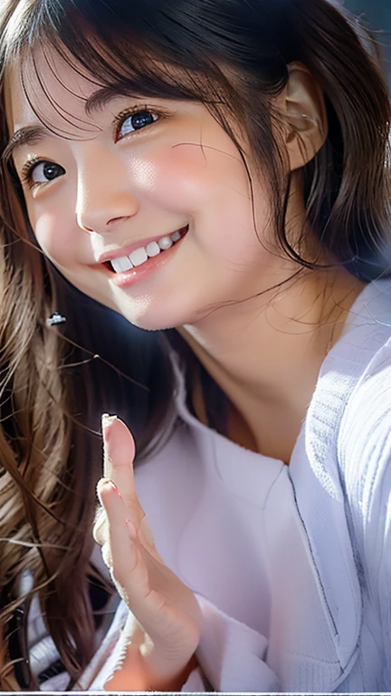 The best quality at its best, masterpiece, Ultra-high resolution, (Photorealistic:1.4), Raw photo, One girl,smile、Index finger