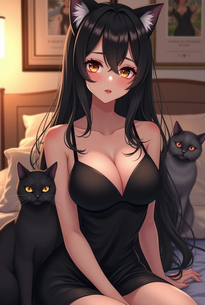 A woman, long hair, big breast, at the living room, holding a kitten