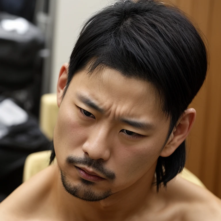 HANDSOME MUSTACH look like Gong Yoo, Korean actor, Gong Yoo, 2, black eyes, black eyebrows, a little bit of a mustache, a little bit of brown hair, hair parted in the middle, lips, a prominent nose,Japanese man with erect penis, sexy sex, underwear visible, naked man on all fours, facing this way