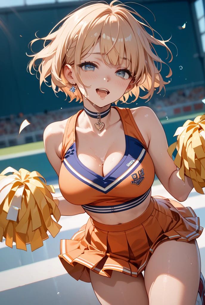 Erotic manga、Manga style、High resolution、Focus on people、Cheerleaders cheering with a smile and doing the splits in the stadium stands、Perfect proportions、Cowboy Shot、Very large breasts、Fatty legs、Sweaty、Kagamine Rin