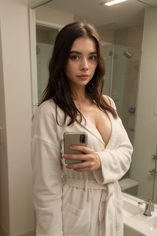 (best quality, masterpiece1.2), intricate detail, sexy woman, selfie from bathroom mirror, in a bathrobe, covered in a towel, in a Christmas themed bathrobe