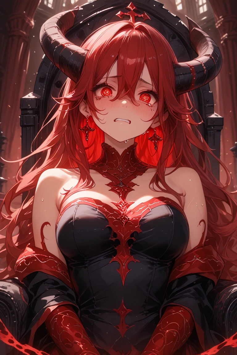 Very detailed, Seductive erotic woman with horns and scarred face, (Big Breasts, Redhead), Focus on the face, Focus on the face, Complex eyes,