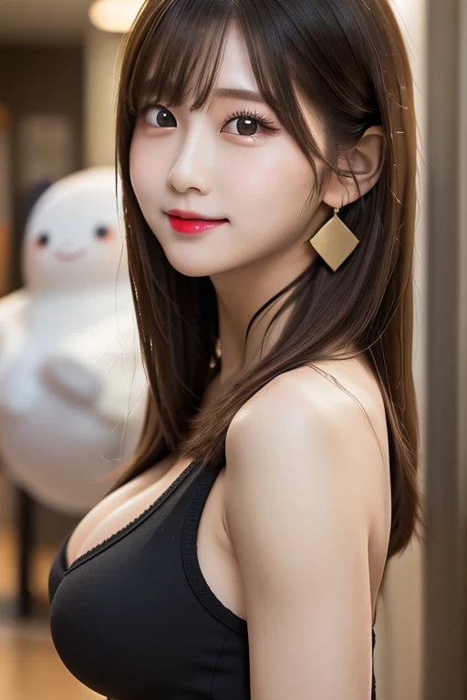 ((Girl in 1))、(looking at view)、(15yo student)、((A dark-haired))、((Pattsun bangs))、((Curly long hair))、(The best smile)、(a choker)、Red camisole、Black cardigan、(brown-eyed)、red lipsticks、(Photoreal Stick:1.2)、in 8K、(High quality shadows)、Detail Beautiful delicate face、Detail Beautiful delicate eyes、Cute K-pop Idol、(Korean Urzan Face)、(ulzzang -6500-v1.1:0.6)、gloweyes、perfectbody、(huge tit)、Natural color reproduction、Bright red lipstick、Shiny hair、Description beautiful delicate hair、(Lustrous skin)、电影灯光、City at night after rain、Neon Street、the wind、