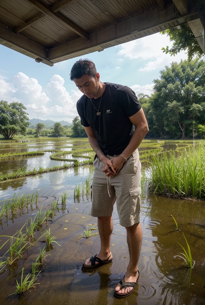 photorealistic, shirtless muscular man, sinks in a mud pit down to his shoulders,