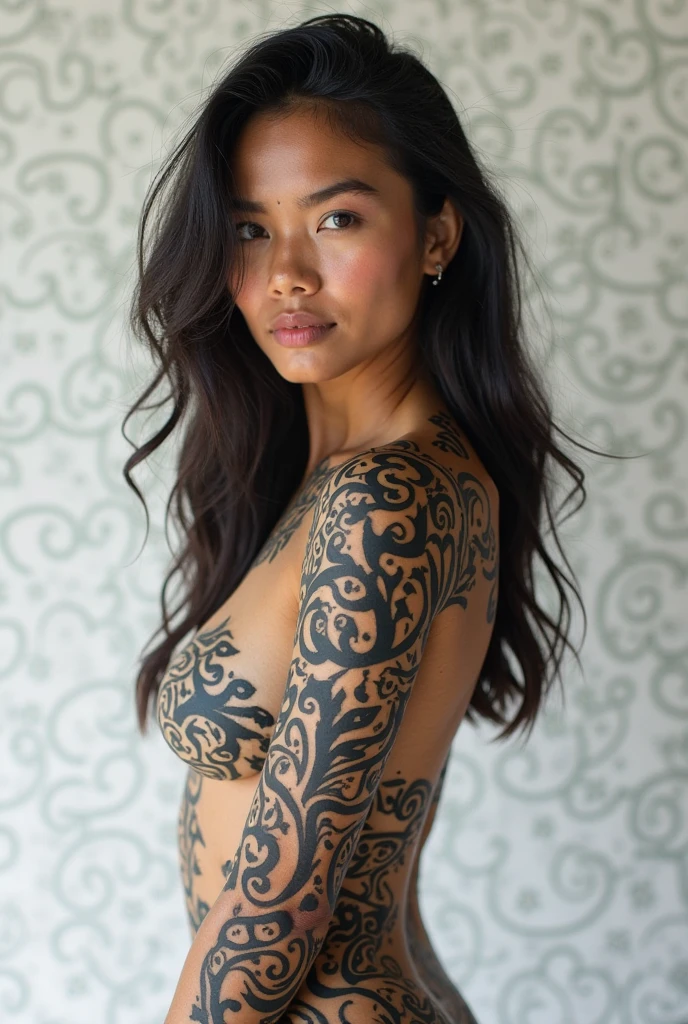 Design an artistic scene where the Malay woman is adorned in intricate body paint, creating a visually captivating composition that highlights her body's beauty as a canvas.