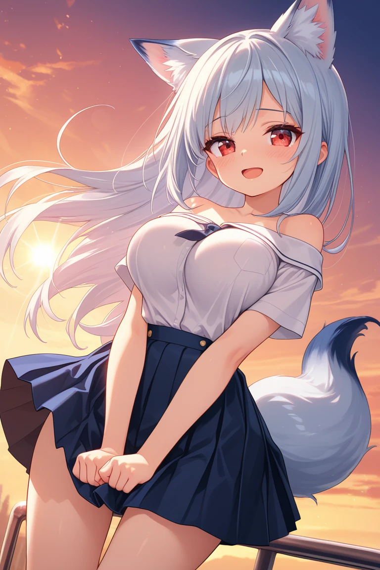 long hair with blue hair、Cat ears are big、Breast size is modest C、clear light blue eyes、The blue sky is very vivid、The large Rainbow Bridge shines prominently in the cloudless blue sky、A lot of white birds are flying、peaceful ambiance、Wearing a white coat、The white cloak is swinging、The wind feels good、Appearance of the War Maiden、Tears overflowing and a big smile on her face、Happy tears