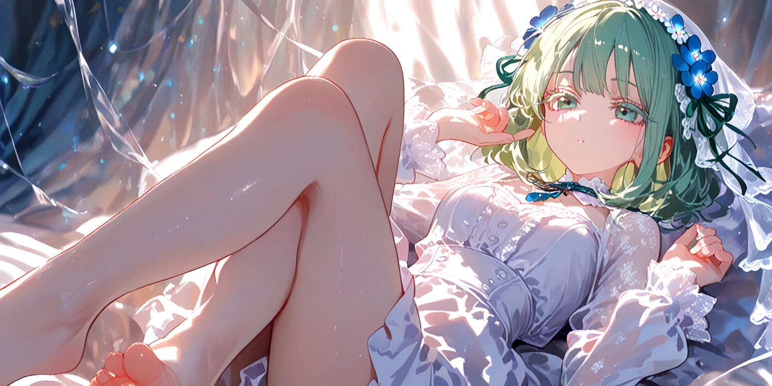 Small breasts,Green hair with purple inner color,Hands and feet are tied,Lying on your back,Asshole,Anal