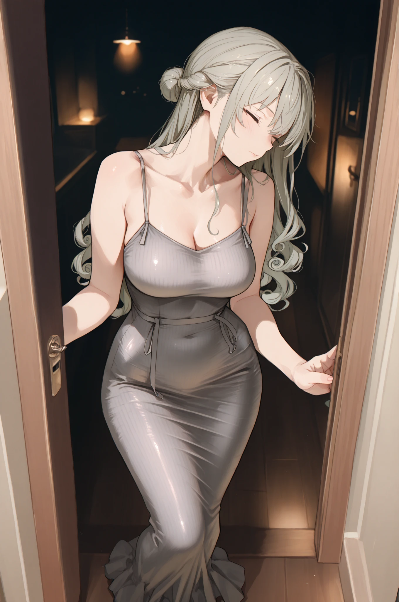 (1 girl, Gray hair, extremely long hair, low twin braids, green eyes, , Determined) (Digital) (Details in the fitting room, (evening dress, plunging neckline)) , best quality, stlouis,