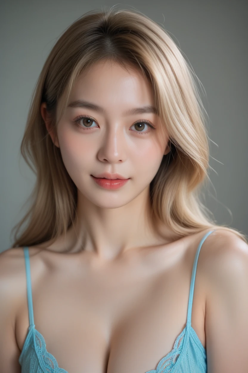 Tight black and orange top:1.2, looking at the audience, movie theater lighting, perfection, soft light, High Resolution Skins:1.2, realistic skin texture, 18-year-old、small face、professional makeup,Show your shoulders,Bust C cup、blue eyes, good, shining blonde hair、Completely naked、gray background、I can see the abdomen、cute smile,