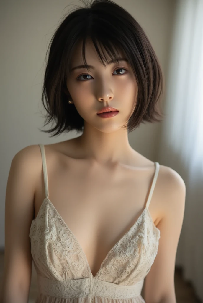(masterpiece,Distinguished Quality,Mirror-like,Cinematic Experience,insanely detailed,absurdres),8k,wallpaper,,(Best illustrations:2.0),(One Woman:2.0),(,(Short Bob:2.0),(Beautiful Eyes),(Detailed face),((masterpiece:1.3), (8k, photorealistic, RAW photo, best quality: 1.4), (1girl), beautiful face, (realistic face), (black hair, short hair :1.3), beautiful hairstyle, realistic eyes, beautiful detailed eyes, (realistic skin), beautiful skin, (full nude), absurdres, attractive, ultra high res, ultra realistic, highly detailed, golden ratio, small breasts ,white background , , looking at viewer, (small breasts:1.8) , nude , cleavage:1.5 , ,Shy smile, glare , pussy juice,pale skin ,detailed skin, young adult , , white background , glare:1.2 ,shyness :1.2 ,( pussy line:1.5 ), (spread pussy:1.5) , nsfw:1.5 , (spread legs:1.5 ), 8k , missionary position, folded, on back, {{leg on another's shoulder, leg up, hands on another's hips}}