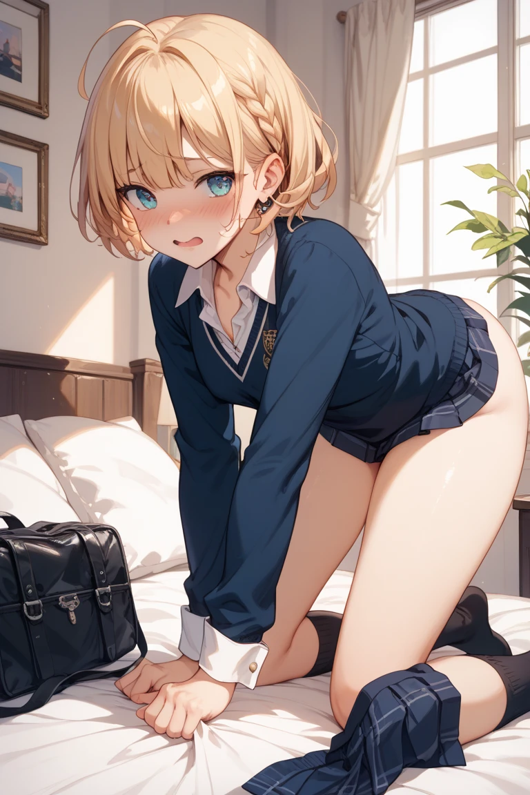(from below:1.3)、skinny、Small breasts、Thin legs、Bobcut, (blue eyes:1.5), Blonde、short hair, blouse、Pencil Skirt,(Sit at a desk:1.2), looking at viewer,Indoor rest, Asahi, White light, (Tabletop:1.2), Highest quality, High resolution, unity 8k wallpaper, (Beautiful attention to detail:1.6), Highly detailed face, Perfect lighting, Highly detailed CG, (Perfect hands, Perfect Anatomy),Spread your legs、White panties、Hands on chest