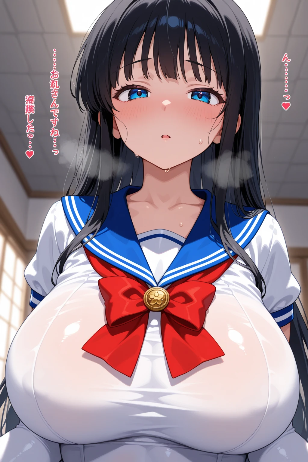 masterpiece, best quality, ultra high resolution, high school girl, sailor uniform, negro hair, wide, Blue eyes, hair ornament, flower ornament, con chasquilla,sweat,vapor,seductive, tetas Bigs, huge beautiful tits, grabbing her tits, mostrandolas