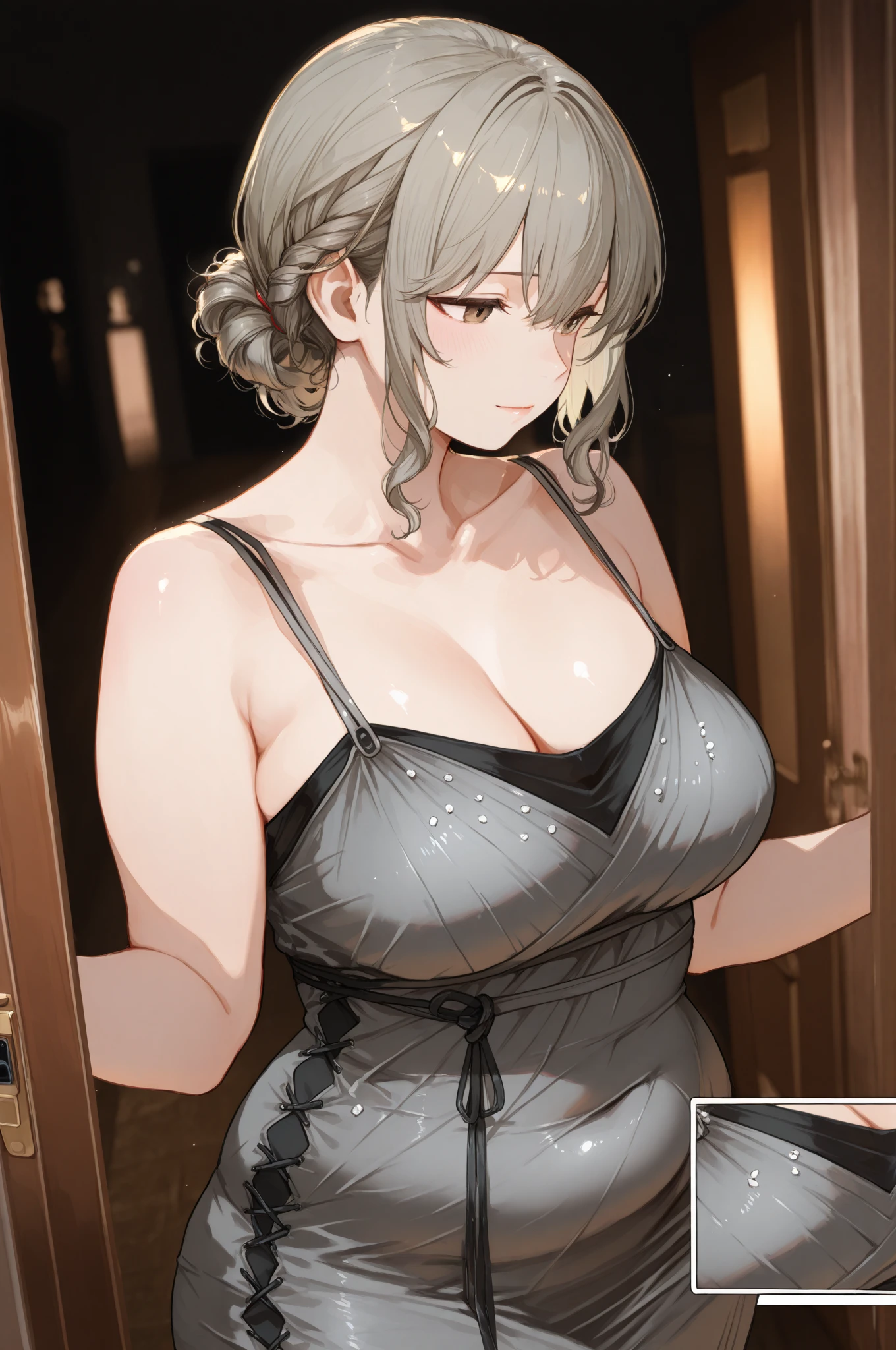 Shot in the bedroom,Show the whole body,Highest quality, Very detailed,,One person, alone ,Beige hair color,short_hair,Perm Hair Style, hair_ornament,Big Breasts,Cleavage,White naked apron