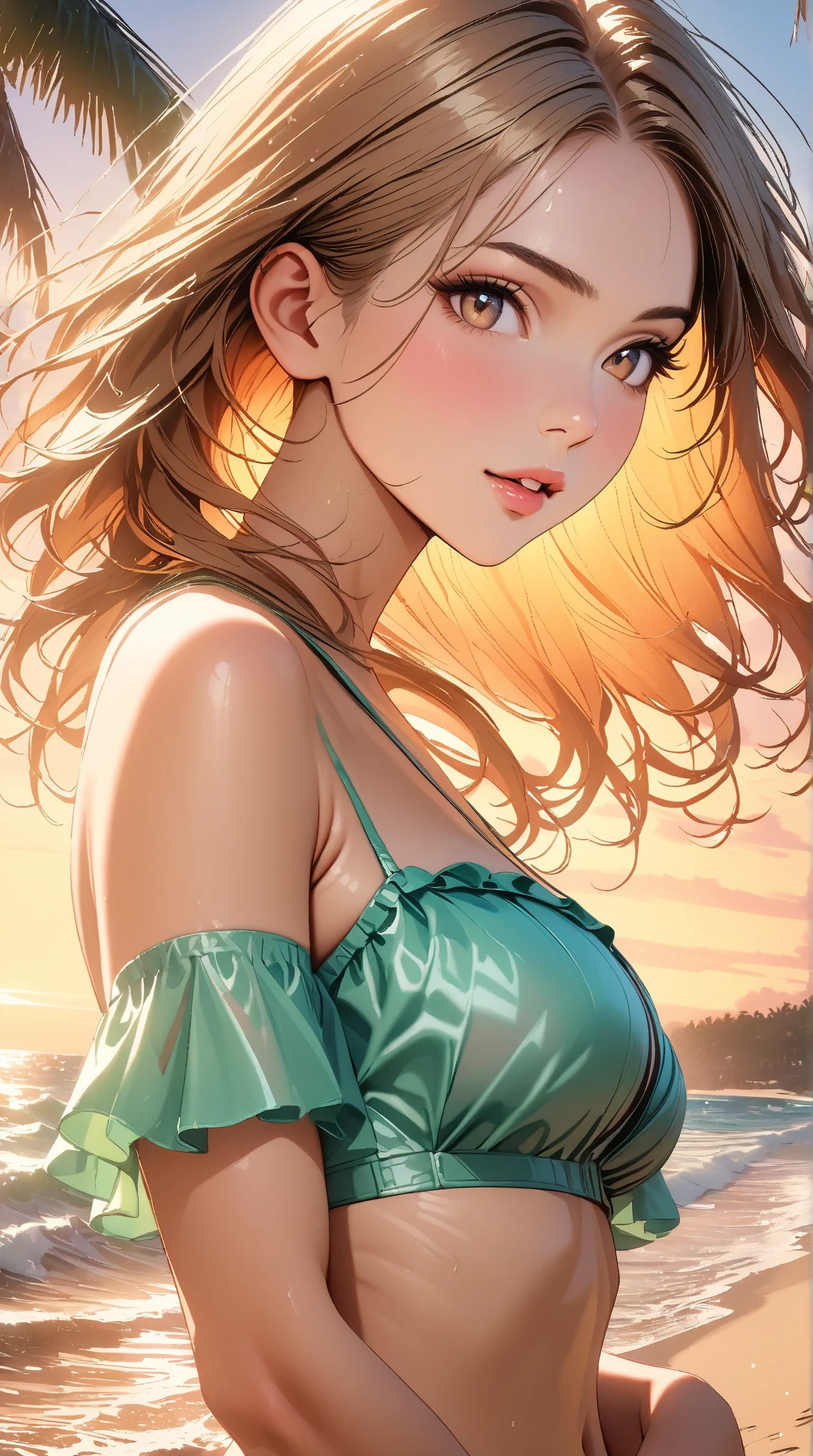 mdnn, (sharp focus:1.2), portrait, attractive young woman, (beautiful face:1.1), detailed eyes, luscious lips, (eye makeup:1.2), (tight body:1.2), wearing (flowery dress:1.2) at (the beach:1.2). (morning sun lighting:1.2), depth of field, bokeh, 4K, HDR. by (James C. Christensen:1.2|Jeremy Lipking:1.1).