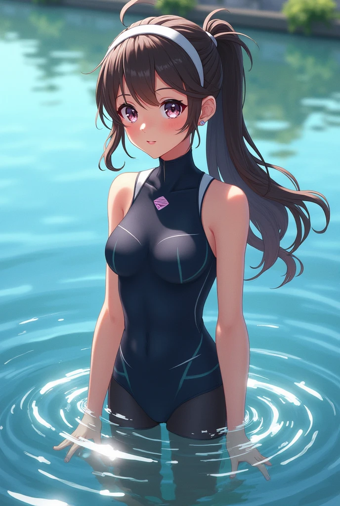 ,girl,Highest quality,Black Hair,Sunburn,blue eyes,Brown skin,Dark Skin,Very short hair,ponytail,Cat Eyes,Double teeth,Small breasts,Tankini Swimsuit,Wet with water,Clear Stream,river,Water Play,