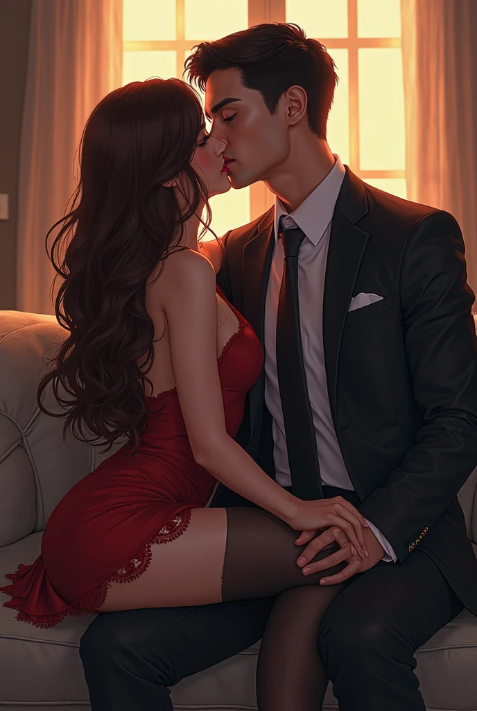 Young sexy girl wearing a red dress sitting on lap of young boy wearing a red and black flannel shirt and jeans who is sitting on a chair, kissing, making out, passionately, dim lighting, sexy, hot, lustful