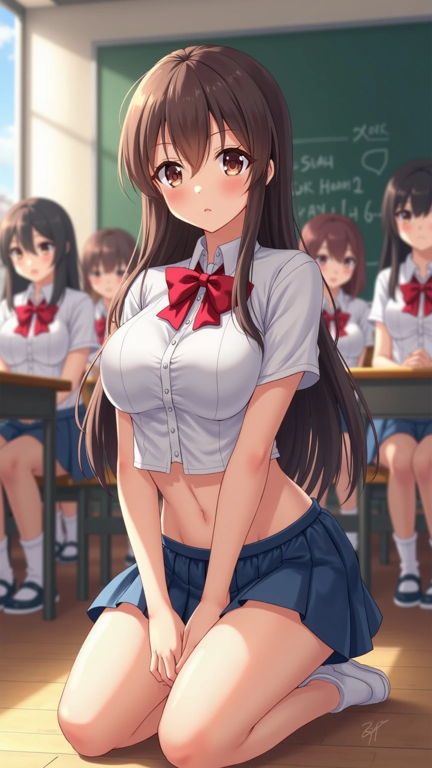 perfect face, detailed face, beautiful hair, three girls, 16yo, medium sized breasts, firm chest, very cute face, young face, female idol, nude, school uniform, seifuku, Perfect Hip, round hips, (exposing white panties from under the skirt:1.2), smile shyly, (blush:1.2), stare at the viewer with a seductive gaze, (in crowded classroom:1.1),