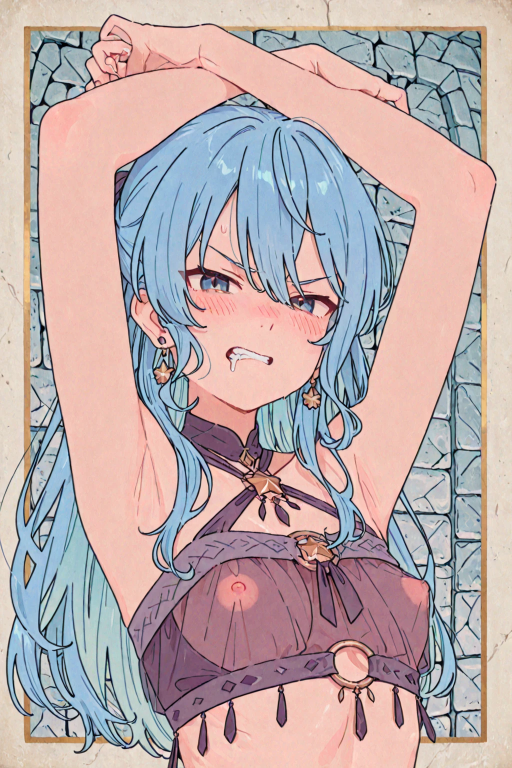 masuter piece, Best Quality,Illustration, Wallpaper, ultra -detail, a small face、(((molesting)))、barechested、((shame))、(Teary-eyed)、(((Nothing is worn)))、((Girl being touched by a man))、small cherry-colored nipples 、A man pulls up a girl's skirt 、Angle from below、ample breasts