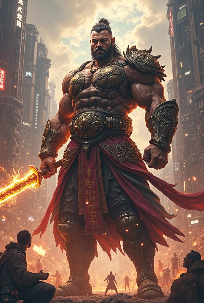 masterpiece, detailed, intricate, epic fantasy, colorful, full body, slight angle, man, 40 years old, hulking, brawny, fitted, ankle wraps, very hairy torso, big strong hands, fine detailed, running, intense action, dynamic juxtaposition, skimpy revealing slavery outfit, receding hairline, smirk, gladiator, with a sword, blades, big ancient city on fire in the background, heavy rain, smoggy, pointing away, depth of field, particle effects, high quality shadows, intense action --auto --s2