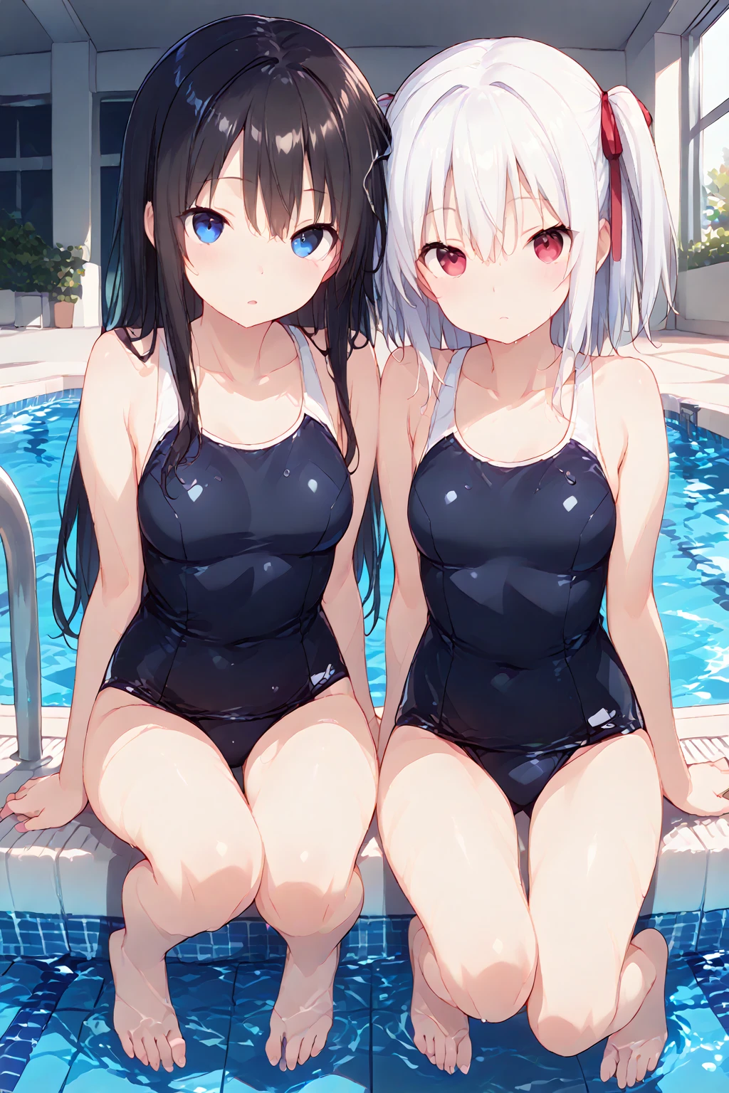 High quality、highest quality、complete limbs、Ultra high definition、Sparkling eyes、full finger、slender beauty、Group of 3、Wearing a school swimsuit、shiny skin
