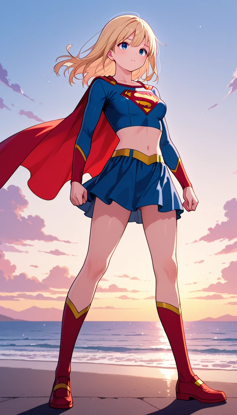 A SEXY LARGE BREASTED TEEN FEMALE, SHORT BLONDE HAIR, BLUE EYES, WEARING A 1970 BLUE BUTTONLESS, COLLARLESS OPEN SUPERGIRL V BLOUSE WITH THE "S"EMBLEM ON THE RIGHT SIDE OF HER CHEST SEEMLESSLY ATTACHED TO PAIR OF RED SHORTS WITH A YELLOW SUPERGIRL BELT, TALL RED HEELED BOOTS, A BLUE CHOKER, AND A LONG FLOWING RED CAPE. .INCREDIBLEY DETAILED AND TEXTURED IN FULL 8K HD RESOLUTION. PARK BACKGROUND.