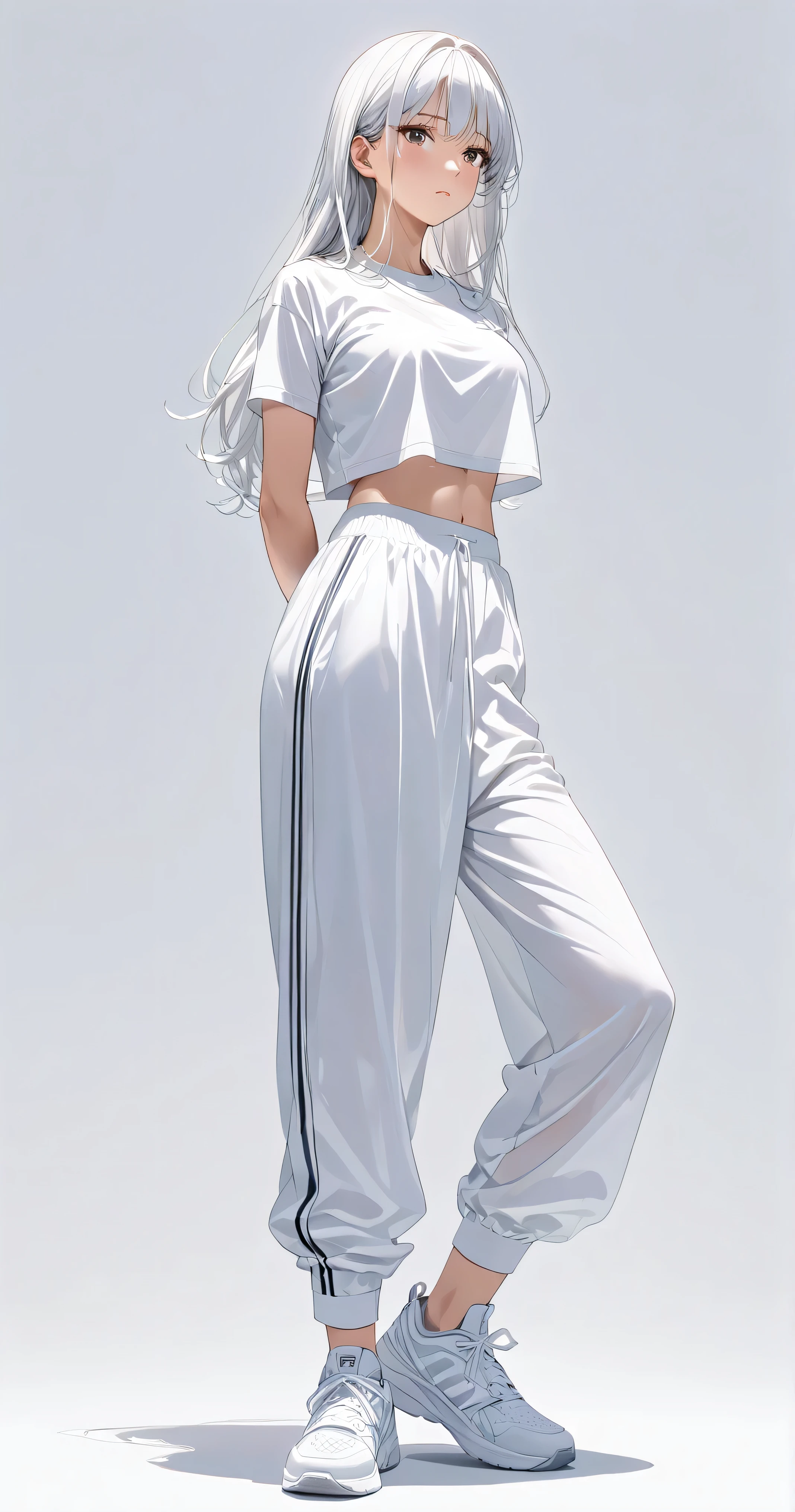 anatomically completely correct、Full-body photo of a young woman、solo、 bold face 、detailed expression、long hair、shiny hair、wolf cut hair、plain white short sleeve cropped t-shirt、sports bra、loose sweatpants、wearing sneakers, white sneakers、Wrinkles in clothes 、 Clothes shading 、freestanding pose、 Slightly lower、looks at the camera、(Floating in a pure white void, Featureless white background, uniform ambient lighting floating in a pure white space, No Shadow, uniformly illuminated )、high res、Super Detailed、illustration of a great slightly cartoonish masterpiece、Professional Lighting、No animals、nobody else、
