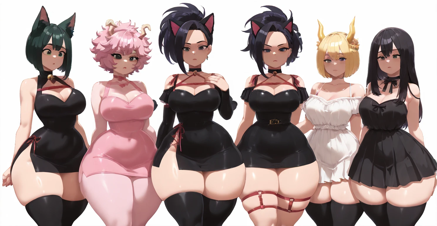3 girls, variety of hairstyles, high fantasy costume, ((white background)), full body, multiple views, succubus,  thong, shrug, leotard, cleavage, short tie, cone horns
cow horns,
curled horns,
demon horns,
dragon horns,