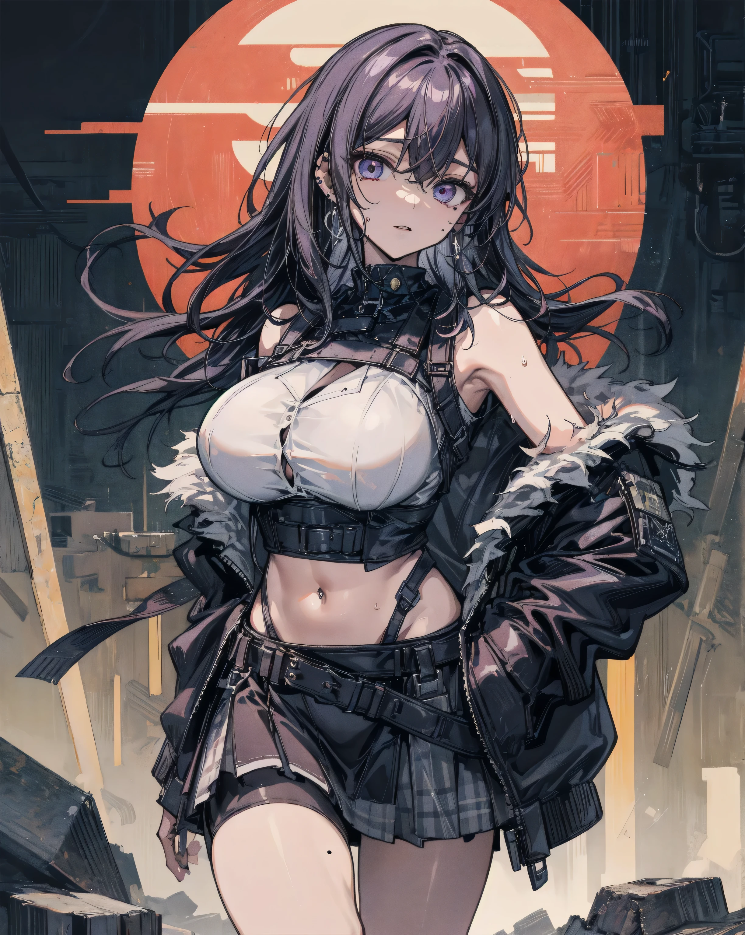 1girl, white background, red eyes, long hair, purple hair, bangs, jacket, crop top, mini skirt, large breasts, cleavage, soft stomach