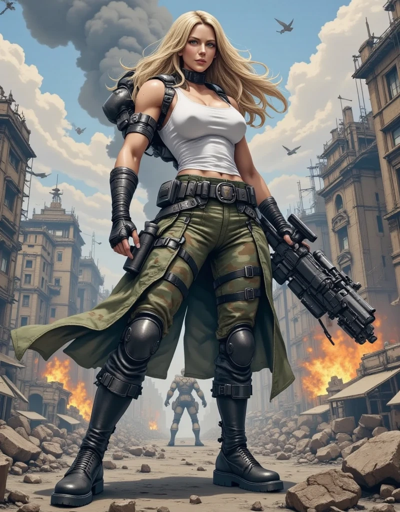 8K quality,delicated,Armageddon,one-girl,There are a lot of military weapons on the body,Desert in the background,gigantic cleavage breasts,torn outfit,holding a gun in her hand,arma,slim toned body