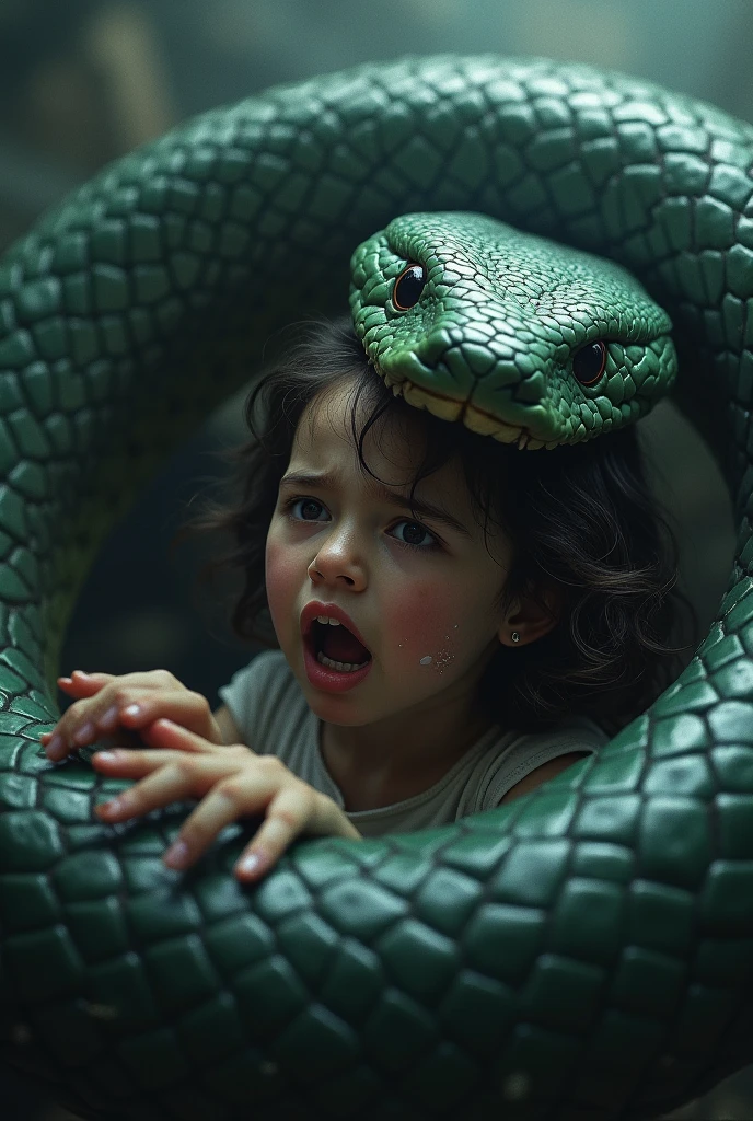 ((best quality)), ((masterpiece)), (detailed), A dramatic and intense image of a young girl caught in the mouth of a giant anaconda. The scene should capture the moment with vivid details