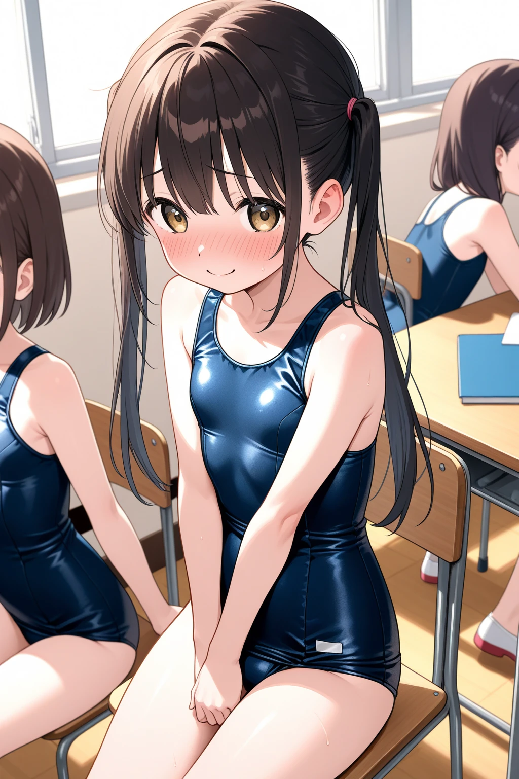 Highest quality,Highest quality,One girl,10 years old,Mouth closed,orgasm,blush, Sweat,Nanoha Takamachi,Takamati Nanoha,Twin tails,Hair Ribbon,((School Swimsuit:1.3)),classroom