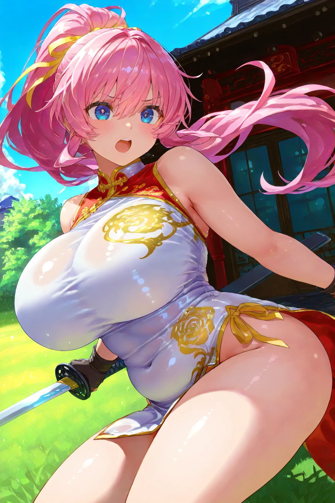 HD, 8K, Illustration, official artwork, anime style, wallpaper, official art, pastel colors,, 1girl, Feathered haircut, large_teardrop_breasts, Curvy body, golden eyes, Rose gold hair, Crossed arm pose, ancient city