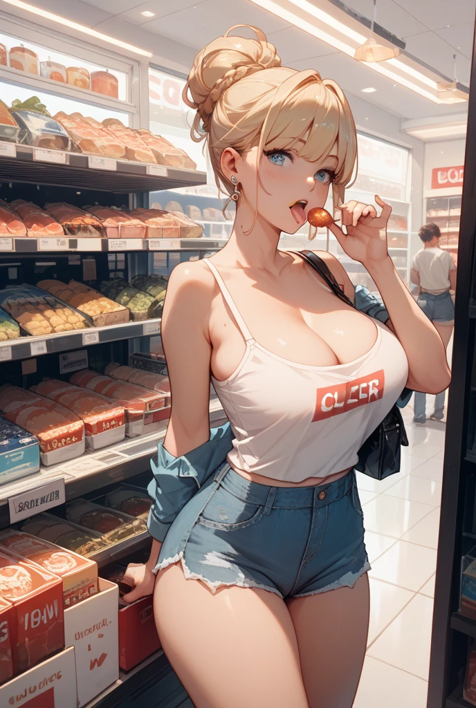 (detailed face, detailed body, detailed muscles, perfect skin, blemish-free skin, hyper-detailed hands, precise, precise fingers, focused, photography, ultra wide angle) (((photorealistic))), ((full shot)), front view , (1 blonde girl with pigtails), ((standing in a dynamic pose in a supermarket aisle)), framed face, eye contact, ((sensual expression)), ((wearing a short tight dress that shows cleavage and legs)), (big ), cleavage, slim waist, lip fillers, silicone lips: red lipstick, messy updo blonde hair, (dark eyeliner)