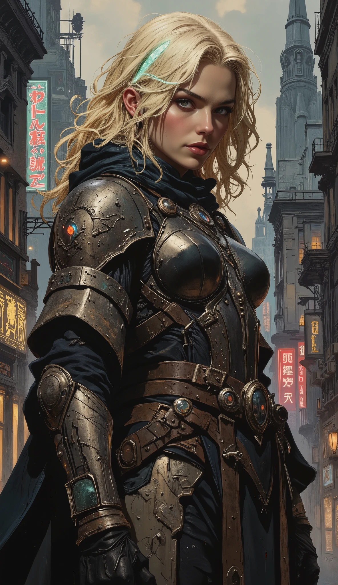 Create a striking full-body portrait of a captivating European blonde female, embodying a futuristic knight in a dark cyberpunk setting. She has long, flowing blonde hair with neon highlights and wears sleek, high-tech armor that combines elegance with mechanized precision. The background features a gritty urban landscape with towering skyscrapers and glowing neon signs, enhancing the cyberpunk aesthetic. This large canvas painting emphasizes rough textures and surfaces, showcasing fine details in her armor and the environment, while capturing an atmosphere of mystery and strength, reflecting the essence of a futuristic warrior ready for battle.